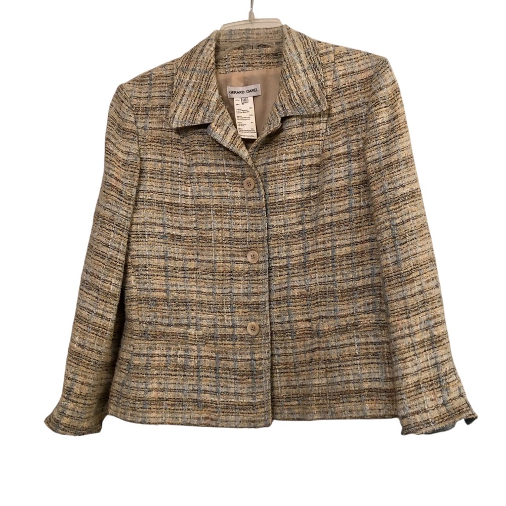 Gerard Darel Tan/Cream/Blue Tweed Jacket Size 42/US 10